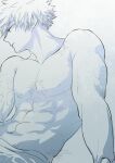  1boy abs bakugou_katsuki boku_no_hero_academia closed_mouth greyscale highres male_focus monochrome multiple_scars navel nipples oroshi_mi pectorals profile scar scar_on_arm scar_on_chest short_hair simple_background solo spiked_hair toned toned_male topless_male upper_body watermark 