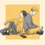  2boys alternate_costume arm_on_knee back-to-back black_hair black_shoes blonde_hair border closed_eyes closed_mouth commentary_request contemporary erwin_smith grey_pants grey_shirt head_back headphones highres kasagana_i levi_(shingeki_no_kyojin) male_focus multiple_boys outside_border pants shared_headphones shingeki_no_kyojin shirt shoes short_sideburns smile yellow_pants yellow_shirt 