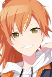  1girl blonde_hair clenched_teeth close-up commentary drawstring english_commentary genderswap genderswap_(mtf) green_eyes hand_up highres hood hood_down long_hair looking_at_viewer miyotastic multicolored_hair orange_hair project_sekai shinonome_akito simple_background smile solo streaked_hair teeth two-tone_hair white_background zipper 