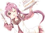  1girl ;d absurdres ahoge brown_sailor_collar buttons cake commentary_request dress dutch_angle food hair_intakes hands_up highres holding holding_knife holding_plate knife layered_sleeves long_hair long_sleeves looking_at_viewer nanamori_school_uniform one_eye_closed plate pleated_dress ponytail purple_eyes purple_hair red_dress sailor_collar sailor_shirt school_uniform shirt short_over_long_sleeves short_sleeves simple_background smile solo star_(symbol) sugiura_ayano upper_body white_background white_shirt yukari_yukke yuruyuri 