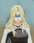  1girl black_shirt blindfold blonde_hair cassie_(shadow_slave) cloak commentary covered_eyes english_commentary facing_viewer highres l3xarts_17 long_hair shadow_slave shirt solo upper_body white_cloak 