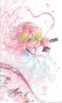  1girl asymmetrical_bangs braid breasts cape character_request cherry_blossoms cleavage closed_mouth eyelashes falling_petals fingernails flower green_eyes highres holding holding_sword holding_weapon kimetsu_no_yaiba lips long_sleeves looking_at_viewer medium_breasts mole mole_under_eye multicolored_hair parted_bangs petals pink_flower pink_hair pink_petals san_wu_maoliang solo sword two-tone_hair weapon white_cape 