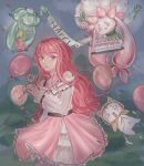  1girl ^^^ ^_^ ahoge animal assisted_carrying banner bare_shoulders bead_necklace beads belt birthday birthday_cake black_belt blush_stickers bow bow_choker bowtie bra_strap brown_eyes cake candle carrying cat choker cloak closed_eyes clothed_animal cloud cloudy_sky colored_eyelashes commentary cowboy_shot day ear_covers english_commentary fingernails fire flower flying_sweatdrops food frilled_shirt frilled_skirt frilled_sleeves frills gift grass hair_undone hexagram highres holding holding_banner holding_flower holding_gift holding_plate hood hood_up hooded_cloak infinity_nikki jewelry krazzy layered_skirt light_blush long_hair long_sidelocks long_sleeves looking_at_viewer miniskirt momo_(nikki) navel necklace nikki_(nikki) nikki_(series) off-shoulder_shirt off_shoulder outdoors parted_lips pink_bow pink_bowtie pink_choker pink_flower pink_hair pink_rose pink_skirt plate pleated_skirt posy_(infinity_nikki) puffy_long_sleeves puffy_sleeves rose see-through_clothes see-through_sleeves shirt sidelocks skirt sky sleeves_past_wrists smile standing star_(symbol) star_necklace surprised tree very_long_hair wavy_hair whiskers white_cat white_shirt white_skirt wide-eyed yardling_(infinity_nikki) yellow_cloak 