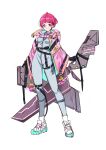  ahoge bangs belt blunt_bangs bodysuit breasts capelet commentary eyebrows_visible_through_hair grey_bodysuit highres holding holding_sword holding_weapon hood hooded_capelet hoshina_hikaru looking_at_viewer medium_breasts multicolored_hair older pink_capelet pink_eyes pink_hair precure rumo shoes short_hair simple_background skin_tight smile sneakers star_(symbol) star_twinkle_precure streaked_hair sword weapon white_background 