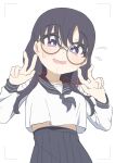  1girl absurdres black_hair black_neckerchief black_skirt commentary_request flying_sweatdrops glasses highres kumacy_0 long_hair looking_at_viewer midriff_peek neckerchief original purple_eyes school_uniform serafuku shirt skirt smile solo sweat white_background white_shirt 