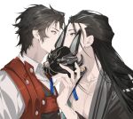  2boys black_eyes black_hair commentary_request fate/grand_order fate_(series) fox_mask hijikata_toshizou_(fate) holding holding_mask implied_yaoi japanese_clothes kimono kondou_isami_(fate) long_hair male_focus mask multiple_boys profile red_eyes shirt short_hair simple_background sohi unworn_mask upper_body white_background 