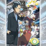  1boy artist_name bag bird black_bag black_hair black_jacket black_pants black_suit blue_necktie braviary closed_eyes closed_mouth cloud_print collared_shirt commentary company_name copyright_notice dudunsparce dudunsparce_(two-segment) english_commentary from_side grey_hair grey_shirt holding holding_bag holding_poke_ball instagram_username jacket komala larry_(pokemon) long_sleeves male_focus maushold maushold_(family_of_four) merchandise_available multicolored_hair necktie official_style oinkologne oinkologne_(female) open_mouth outline pants poke_ball poke_ball_(basic) pokemon pokemon_(creature) pokemon_sv print_necktie shirt short_hair sparkle staraptor streaked_hair suit suit_jacket talons terastallization thick_eyebrows tom_higgins two-tone_hair watermark white_outline 