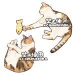  animal animal_focus caliby_cat calico_(pattern) calico_cat cat closed_eyes commission curled_up full_body lying multiple_views no_humans on_side original pawpads simple_background sleeping stuffed_animal stuffed_fish stuffed_toy tabby_cat watermark white_background xiao_bo_kuai_kuai 