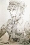  1girl collar_tabs commentary_request cross cuff_title girls_und_panzer greyscale hat hatch headset iron_cross max_wunsche military military_hat military_uniform military_vehicle monochrome motor_vehicle nazi nishizumi_maho peaked_cap short_hair simple_background sketch solo tank two_draw white_background world_war_ii 