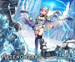  1girl armor black_legwear blue_eyes blue_sky breasts cleavage company_name copyright_name gauntlets ice looking_at_viewer miyano_akihiro official_art open_mouth outdoors purple_hair short_shorts shorts skirt sky small_breasts solo standing thighhighs watermark weapon wide_sleeves zenonzard 