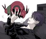  1boy bed black_shirt closed_eyes collarbone corbeau_(pokemon) highres holding holding_pokemon lapels long_sleeves male_focus no_eyewear notched_lapels open_mouth pajamas pillow pkmnrkgk pokemon pokemon_(creature) pokemon_legends:_z-a purple_hair purple_trim shirt short_hair smile under_covers venipede white_background yellow_eyes 