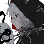  1girl black_eyes chinese_commentary claws closed_mouth collar commentary_request cracked_skin from_side grey_hair hair_between_eyes holding holding_mask hood hood_up kalsept kurobe_nanoka kurobe_nanoka's_sister mahou_shoujo_no_majo_saiban mask narehate_(mahou_shoujo_no_majo_saiban) profile short_hair simple_background solo spoilers unworn_mask upper_body white_background 