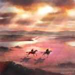 2boys animal cloud cloudy_sky commentary_request erwin_smith field highres horse horseback_riding kasagana_i levi_(shingeki_no_kyojin) light_rays mountainous_horizon multiple_boys outdoors riding river scenery shadow shingeki_no_kyojin sky sunbeam sunlight twitter_username 