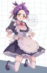  1boy @_@ absurdres alternate_costume apron black_dress black_hair black_shoes blush bow coi_pom crossdressing crossdressing_(mtf) dress frilled_apron frilled_dress frills hair_bow hair_ribbon highres kieran_(pokemon) kneeling male_focus multicolored_hair nipple_slip nipples nose_blush off_shoulder open_mouth pink_bow pink_ribbon pokemon pokemon_sv purple_hair ribbon shoes short_sleeves simple_background solo sweat thighhighs trap white_apron white_thighhighs yellow_eyes 