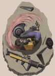  1girl absurdres black_bodysuit black_boots black_gloves bodysuit boots closed_eyes combat_helmet curled_up gloves goddess_of_victory:_nikke helmet highres idoll_flower_(nikke) jacket long_hair lying on_side ponytail red_hair rocket_launcher rubble sfika solo weapon 