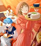  1girl 2boys alternate_costume angra_mainyu_(fate) arabian_clothes blue_eyes blue_hair bowl breasts brown_eyes brown_hair cake chair crossed_legs cup curtains dark-skinned_male dark_skin dessert dress earrings eating fate/grand_order fate_(series) figure_four_sitting food fork full-body_tattoo hans_christian_andersen_(fate) highres holding holding_fork holding_plate indian_style jewelry long_dress medium_breasts multiple_boys original pillow plate red_dress red_veil shelf shibakou sitting table tattoo turban veil 