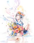  1boy absurdres anniversary azusa415 balloon bouquet character_name closed_eyes commentary constellation english_commentary flower flower_wreath highres holding holding_balloon kaito male_focus open_mouth outstretched_arm petals rose sitting smile solo star_(symbol) traditional_media vocaloid watercolor_(medium) 