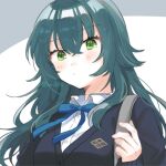  1girl black_jacket blue_ribbon blush collared_shirt commentary_request crossed_bangs gakuen_idolmaster green_eyes green_hair hair_between_eyes hair_flaps hatsuboshi_gakuen_school_uniform idolmaster jacket long_hair long_sleeves looking_at_viewer neck_ribbon ribbon school_uniform shirt solo tsukimura_temari twitter_username upper_body white_shirt yasushi_(yssm8) 