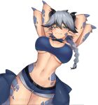  1girl absurdres arms_behind_head belt belt_buckle black_belt blue_eyes blue_shorts braid breasts buckle closed_mouth commentary commission cowboy_shot crop_top double-parted_bangs dragon_girl dragon_horns dragon_tail english_commentary extra_arms grey_hair hair_between_eyes highres horns large_breasts leiden_yaegore long_hair looking_at_viewer navel original pointy_ears raised_inner_eyebrows scales short_shorts shorts simple_background single_braid smile smug solo stomach tail watermark white_background 