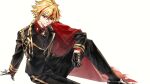  1boy aiguillette black_suit blonde_hair braid braided_ponytail cape collared_shirt commentary_request fate/grand_order fate/strange_fake fate_(series) formal_clothes gloves highres jacket knee_up long_hair long_sleeves looking_at_viewer machikokom43502 male_focus multicolored_hair necktie pants red_cape red_eyes red_streaks richard_i_(fate) shirt shoes side_cape simple_background single_braid sitting smile solo streaked_hair suit white_background 