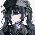  1girl black_choker black_hair black_hat black_ribbon choker closed_mouth goggles goggles_on_headwear grey_eyes hair_between_eyes hat higasa_(hikasaaawa) highres kurobe_nanoka long_hair looking_at_viewer mahou_shoujo_no_majo_saiban neck_ribbon portrait ribbon simple_background solo sparkle twintails white_background 