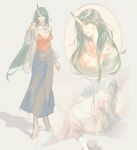  1girl absurdres alternate_costume alternate_hairstyle arknights breasts casual chinese_commentary cleavage coat commentary_request cropped_torso full_body green_hair grey_coat grey_skirt hair_between_eyes hair_down highres horns hoshiguma_(arknights) large_breasts long_hair long_skirt looking_at_viewer multiple_views orange_shirt shirt single_horn skin-covered_horns skirt standing wushui_zhan_nao_geng yellow_eyes 