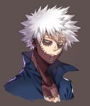  1boy alternate_hair_color black_jacket blue_eyes boku_no_hero_academia brown_background burn_scar collarbone commentary_request cropped_shoulders dabi_(boku_no_hero_academia) ear_piercing grey_background highres jacket looking_at_viewer male_focus piercing scar shion_(mnkrtube) shirt simple_background solo spiked_hair upper_body white_hair 