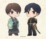  2boys artist_name ayu_(mog) black_gloves black_hair black_hakama black_jacket black_pants black_socks blue_eyes bright_pupils brown_eyes brown_hair brown_sandals buttons character_request chibi chibi_only closed_mouth commentary_request copyright_request epaulettes folded_fan folding_fan full_body gloves grey_kimono hakama hakama_skirt hand_fan haori holding holding_fan holding_sword holding_weapon jacket japanese_clothes kimono long_sleeves looking_at_viewer male_focus multiple_boys pants parted_bangs sandals short_hair skirt smile socks standing sword tabi weapon white_pupils wide_sleeves yellow_background 
