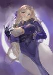  1girl absurdres black_gloves blonde_hair blue_eyes bodysuit breast_cutout breasts brown_dust_(series) brown_dust_2 cleavage commentary_request darian_silverstein dress dutch_angle epaulettes flower from_below frs gloves hair_flower hair_ornament highres large_breasts long_hair long_sleeves pelvic_curtain purple_dress smile solo very_long_hair white_bodysuit 