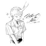  2boys blush buttons collared_shirt commentary dated disembodied_hand english_commentary greyscale headpat highres hikaru_ga_shinda_natsu indou_hikaru male_focus monochrome multiple_boys osirisaldington pocket shirt shirt_tucked_in short_eyebrows short_hair short_sleeves signature simple_background solo_focus tsujinaka_yoshiki white_background 