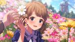  1boy 1girl blue_eyes blue_shirt blush brown_hair commentary_request day field flower flower_field game_cg hair_flower hair_ornament idolmaster idolmaster_million_live! idolmaster_million_live!_theater_days official_alternate_costume official_alternate_hairstyle official_art open_mouth outdoors pink_flower shirt short_hair sunlight suou_momoko suou_momoko_(private_dress) third-party_source white_flower windmill yellow_flower 