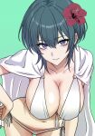  1girl alternate_costume bikini blue_eyes breasts cape cleavage commentary_request fire_emblem fire_emblem:_three_houses flower genderswap genderswap_(mtf) green_background green_hair hair_flower hair_ornament hibiscus highres large_breasts leaning_forward looking_at_viewer male_byleth_(fire_emblem) navel o-ring ootuk short_hair side-tie_bikini_bottom sideboob simple_background solo stomach swimsuit thighs white_bikini white_cape 