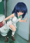  1girl arm_support bag bare_shoulders bathroom blue_eyes blue_hair blush boots brown_footwear commentary_request dress embarrassed eyebrows_visible_through_hair full_body hand_up handbag leg_up looking_down no_panties open_mouth original panties panties_removed pee peed_self restroom school_uniform serafuku shoes side-tie_panties single_shoe sleeveless sleeveless_dress solo standing standing_on_one_leg tears thighhighs toilet ugogogesik underwear undressing wet wet_clothes wet_panties white_dress white_legwear white_panties 