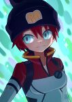  1girl amate_yuzuriha aqua_eyes black_hat bodysuit breasts closed_mouth commentary_request gundam gundam_gquuuuuux hat hibun_tsukasa highres mecha_pilot_suit multicolored_bodysuit normal_suit_(gundam) red_hair short_hair smile solo twitter_username white_bodysuit 