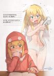 1girl blonde_hair blush breasts commentary_request commission covering_breasts covering_privates dated diary embarrassed flying_sweatdrops green_eyes hat highres holding holding_shower_head mechanical_pencil mega_man_(series) mega_man_legends_(series) navel nose_blush nude open_mouth pajamas pencil pom_pom_(clothes) roll_caskett_(mega_man) shiny_skin shower_head signature simple_background skeb_commission solo translation_request umino_hotate wet white_background writing 