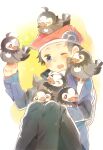  1boy :o beanie bird black_hair blue_eyes commentary_request hat highres holding holding_pokemon knees_up long_sleeves lucas_(pokemon) male_focus on_head on_lap on_shoulder one_eye_closed open_mouth pokemon pokemon_(creature) pokemon_dppt pokemon_on_head pokemon_on_lap pokemon_on_shoulder pokemon_platinum red_hat sitting solo starly teeth ttanuu. upper_teeth_only 