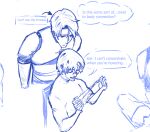  2boys arrow_(symbol) bags_under_eyes commentary cropped ellieaedon english_commentary english_text hands_up highres kai_(shadow_slave) male_focus multiple_boys scarf shadow_slave shoulder_pads speech_bubble sunny_(shadow_slave) talking thought_bubble thread tunic 