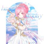  1girl arch beads blue_sky border closed_mouth clothing_cutout cloud collar commentary cowboy_shot detached_collar dot_nose dress earrings english_commentary english_text eyelashes fingernails frilled_arm_warmers hair_bun happy_birthday highres holding holding_sword holding_weapon infinity_nikki jewelry lace_collar light_blush long_sidelocks looking_at_viewer melody_bloom_(infinity_nikki) nikki_(nikki) nikki_(series) outside_border pink_eyes pink_hair pleated_dress rapier sample_watermark short_hair_with_long_locks short_sleeves shoulder_cutout sidelocks single_hair_bun sky smile solo standing sword tiara tushuoxi1 updo watermark watermark_grid wavy_hair weapon white_arm_warmers white_border white_collar white_dress 