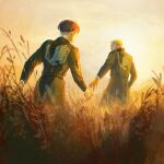  2boys belt black_belt black_coat black_hair blonde_hair coat commentary_request erwin_smith highres kasagana_i levi_(shingeki_no_kyojin) male_focus multiple_boys outdoors reaching reaching_towards_another shingeki_no_kyojin short_hair sky standing survey_corps_(emblem) undercut wheat wheat_field 