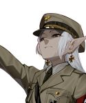  1girl absurdres black_necktie closed_mouth collared_shirt cross dingotoad earrings elf frieren green_eyes hat highres iron_cross jewelry long_hair looking_to_the_side looking_up meme military_dress_uniform military_uniform nazi necktie peaked_cap pointy_ears reichsadler salute shirt sidelocks simple_background solo sousou_no_frieren straight-arm_salute upward_angle_frieren_drawing_(meme) white_background white_hair 