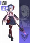  1girl absurdres alternate_costume alternate_headwear arm_belt bag bat_wings black_shoes black_thighhighs blue_hair blue_hat blue_skirt bow bowtie character_name closed_mouth commentary english_commentary full_body hat hat_bow heart-shaped_bag highres holding holding_polearm holding_weapon icewind0223 long_sleeves looking_at_viewer multicolored_thighhighs pink_shirt polearm puffy_long_sleeves puffy_sleeves red_bag red_bow red_bowtie red_eyes red_nails red_thighhighs remilia_scarlet shirt shoes shoulder_bag skirt smile spear spear_the_gungnir striped_clothes striped_thighhighs thighhighs touhou two-tone_thighhighs weapon wings zoom_layer 