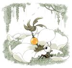  1boy 1girl antennae arthropod_boy arthropod_girl black_eyes blank_eyes flower hashtag-only_commentary highres holding holding_shield hollow_knight hollow_knight:_silksong looking_at_another looking_down looking_up monster_girl nyleth_(hollow_knight) pin_(hollow_knight) plant_girl seth_(hollow_knight) shield sitting starowarblern white_flower 