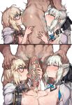  1boy 2girls absurdres aesc_(fate) aesc_(rain_witch)_(fate) black_bow blonde_hair blue_eyes bow braid breasts cum fate/grand_order fate_(series) fellatio glasses grey_hair group_sex hair_bow hetero highres large_breasts long_hair morgan_le_fay_(fate) multiple_girls oral penis ponytail radishkek side_ponytail sidelocks uncensored very_long_hair 