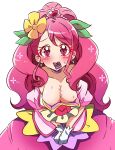  1girl areola_slip areolae asymmetrical_bangs bangs bare_shoulders blush breasts choker cleavage collarbone condom condom_in_mouth condom_wrapper cure_grace dress earrings embarrassed eyebrows_visible_through_hair flower gloves hair_flower hair_leaf hair_ornament hanadera_nodoka healin&#039;_good_precure heart heart_hair_ornament highres jewelry large_breasts leaf_earrings long_hair looking_at_viewer magical_girl mouth_hold no_bra off-shoulder_dress off_shoulder pink_dress pink_eyes pink_hair precure puffy_short_sleeves puffy_sleeves purple_choker raised_eyebrows rr_aikatsu scar scar_on_chest shiny shiny_hair shiny_skin short_sleeves simple_background solo sweat tiara upper_body very_long_hair white_background white_gloves 