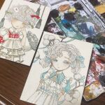  2girls acrylic_paint_(medium) blue_eyes blunt_bangs bow collar collared_shirt commentary curly_hair dress expressionless frills hair_bow highres indoors karintoun letter medium_hair multiple_girls original paint paint_palette painting_(medium) pale_skin photo_(medium) plaid_clothes plaid_dress portrait puffy_sleeves ribbon shirt short_hair signature simple_background table traditional_media watercolor_(medium) white_background white_hair yawning 