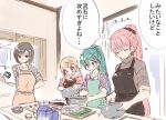  4girls alternate_hairstyle apron aqua_eyes bangs blue_eyes brown_eyes closed_eyes commentary cooking daidou_(demitasse) hair_ornament hairclip hatsune_miku holding holding_tablet_pc kagamine_rin kitchen long_hair megurine_luka meiko milk_carton mixing_bowl multiple_girls ponytail sketch smile swept_bangs tablet_pc thought_bubble tongue tongue_out translated very_long_hair vocaloid 