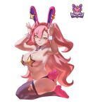  1girl absurdres alternate_costume animal_ear_hairband animal_ears aragiken armpits arms_up ass bare_shoulders black_choker black_panties breasts brown_thighhighs choker commentary covered_nipples detached_collar earrings english_commentary english_text fake_animal_ears fake_tail from_side full_body green_eyes hair_between_eyes hairband heart heart_earrings highres jewelry large_breasts long_hair looking_at_viewer mole mole_on_breast mole_under_eye navel nicole_demara panties parted_lips pasties pendant_choker pink_hair pink_shoes pink_tail playboy_bunny rabbit_ear_hairband rabbit_ears rabbit_pose rabbit_tail seiza shoes simple_background sitting smile solo star_(symbol) star_pasties stomach sweat tail thighhighs torn_clothes torn_thighhighs underwear white_background white_wrist_cuffs wrist_cuffs zenless_zone_zero 