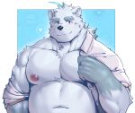 absurd_res anthro bear big_chest big_muscles black_nose blue_eyes blush blushing_at_viewer clothed clothing digital_media_(artwork) dressing dressing_self fur glinfoxart hair happy heart_symbol hi_res knights_college looking_at_viewer male male/male mammal musclegut muscular muscular_anthro muscular_arms muscular_male navel nipples open_clothing open_shirt open_topwear paul_pfitzner pink_nipples polar_bear shirt simple_background slightly_chubby smile solo topwear ursine white_background white_body white_clothing white_fur white_hair white_shirt white_topwear