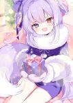  1girl :3 :d blue_eyes blush bow coat commentary cowboy_shot earmuffs fang floral_bow fox_girl fox_tail gift hair_between_eyes hair_bow heterochromia holding holding_gift long_hair long_sleeves looking_at_viewer merry_christmas mittens open_mouth purple_bow purple_coat purple_hair red_ribbon ribbon sitting smile solo stellive subin_(subin_2011) symbol-only_commentary tail tenko_shibuki virtual_youtuber yellow_eyes 