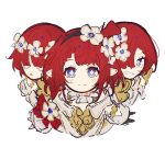  3girls bare_shoulders black_gloves black_hairband blue_eyes blush bright_pupils closed_mouth commentary_request covered_eyes dress flower flower-shaped_pupils gloves hair_flower hair_ornament hair_over_eyes hair_over_one_eye hairband head_wreath highres honkai:_star_rail honkai_(series) long_sleeves looking_at_viewer mini_wings multiple_girls newtec729 off-shoulder_dress off_shoulder open_mouth pointy_ears puffy_long_sleeves puffy_sleeves red_hair sailor_collar short_hair sidelocks simple_background smile symbol-shaped_pupils teeth trianne_(honkai:_star_rail) tribbie_(honkai:_star_rail) trinnon_(honkai:_star_rail) triplets upper_body white_background white_dress white_flower white_pupils wings 